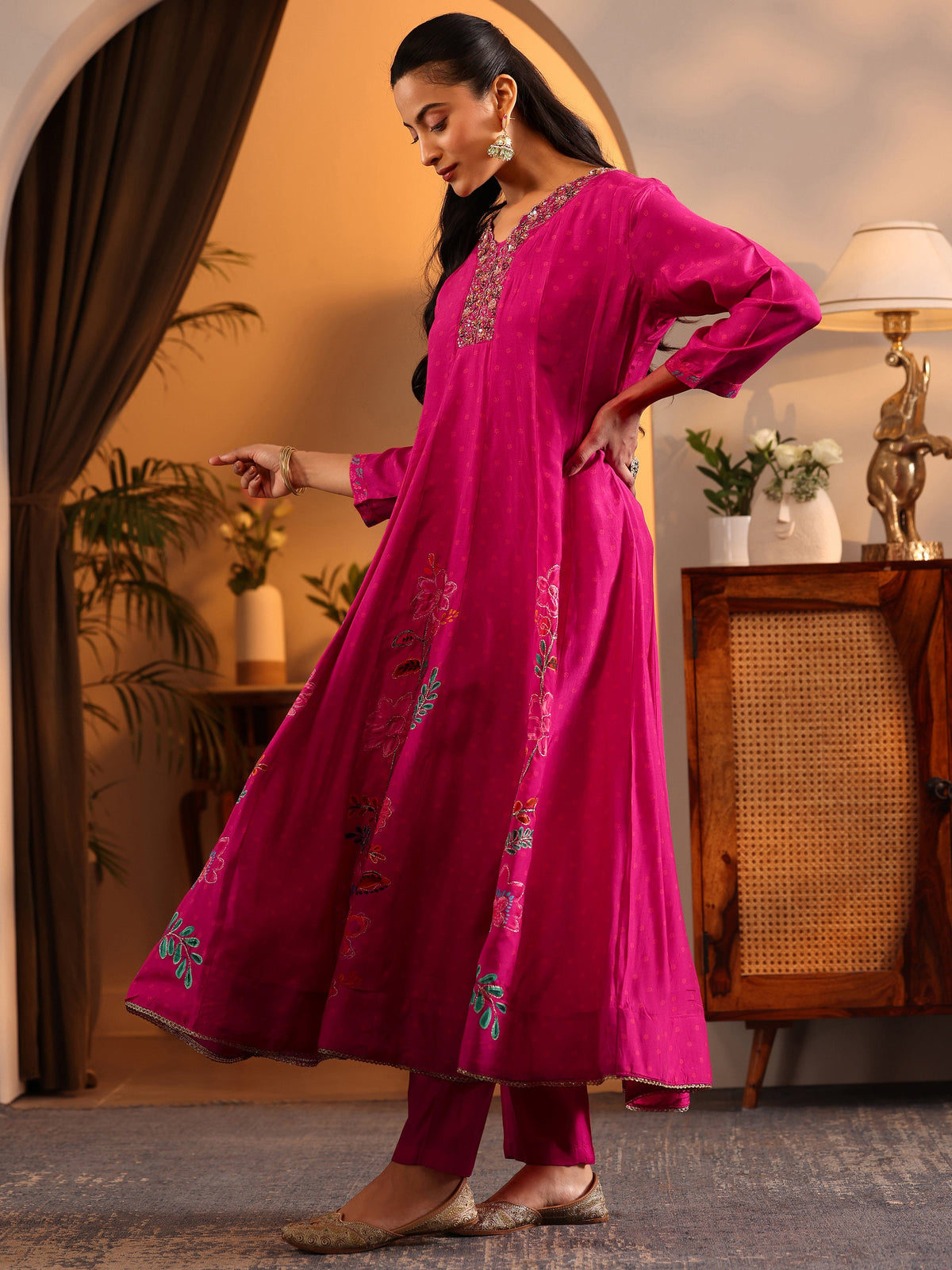 Libas Pink Printed Silk Blend Anarkali Suit Set With Dupatta