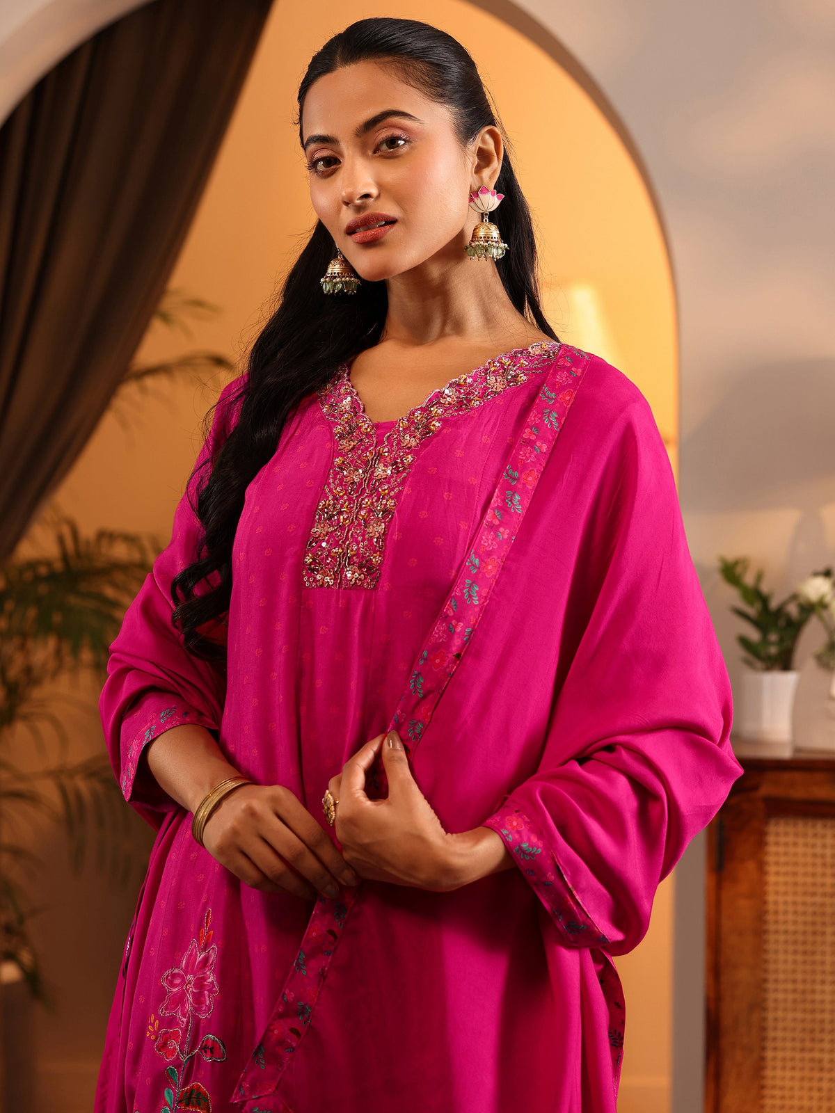 Libas Pink Printed Silk Blend Anarkali Suit Set With Dupatta