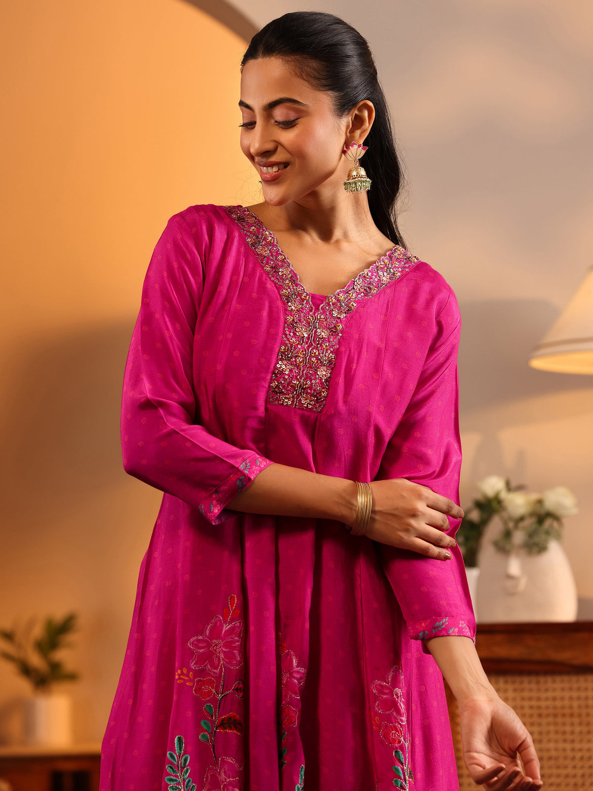 Libas Pink Printed Silk Blend Anarkali Suit Set With Dupatta