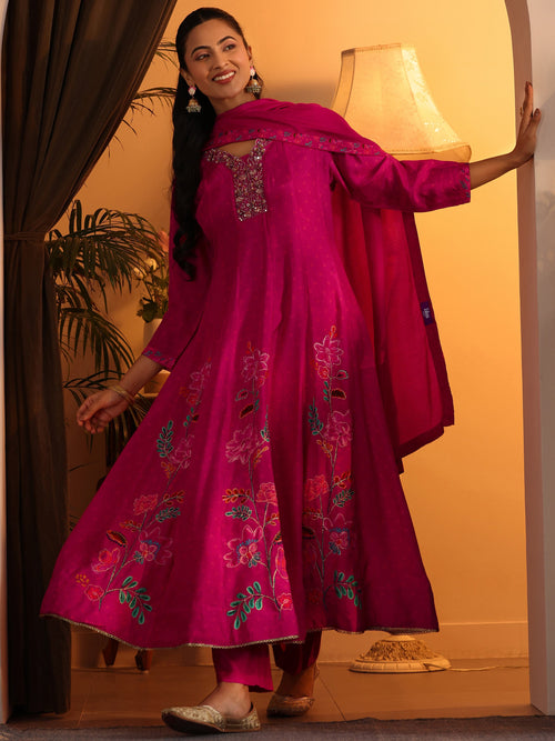 Libas Pink Printed Silk Blend Anarkali Suit Set With Dupatta