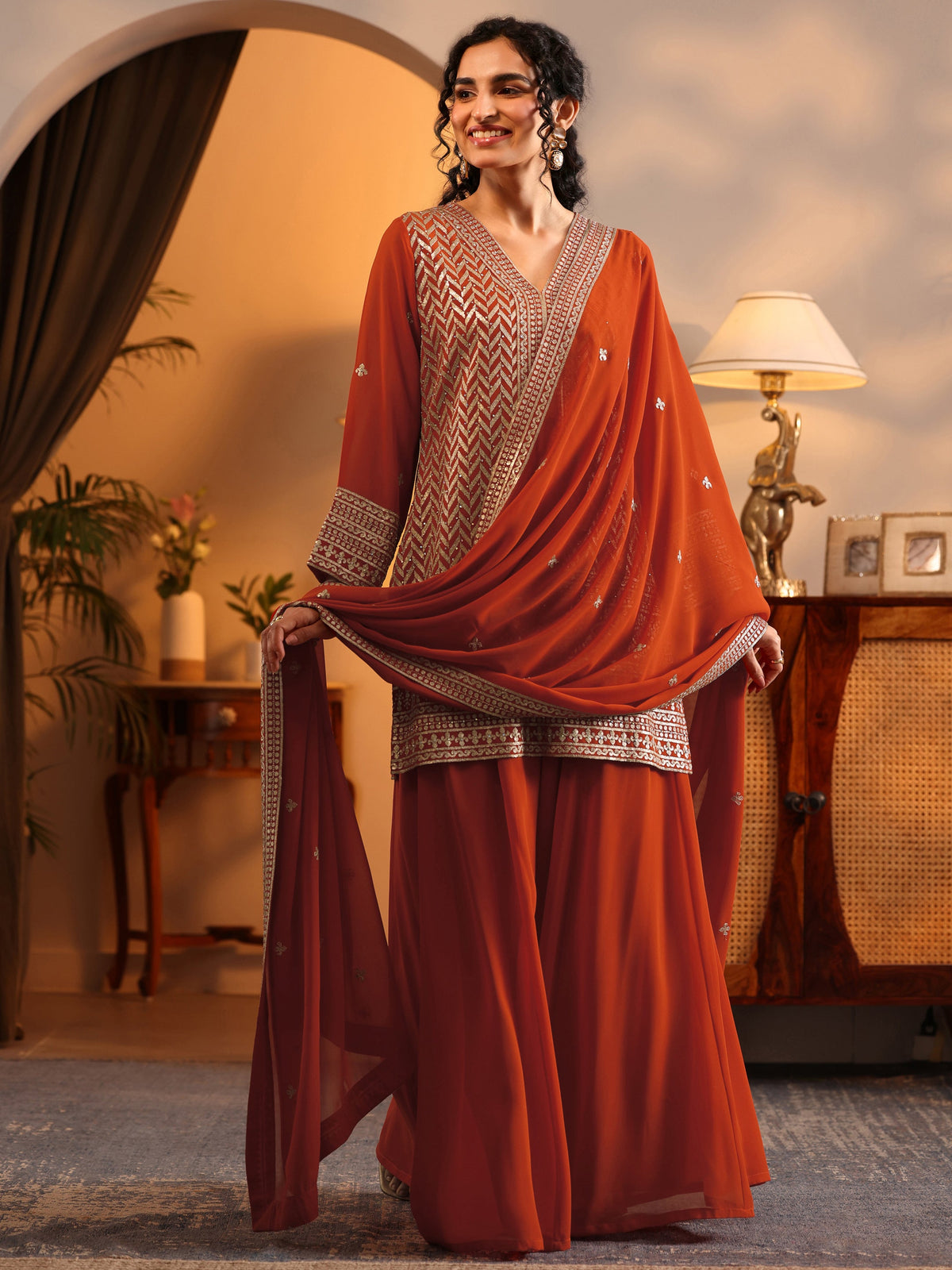 Libas Orange Embroidered Georgette Straight Suit Set With Dupatta