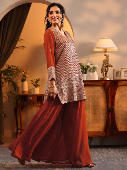 Libas Orange Embroidered Georgette Straight Suit Set With Dupatta