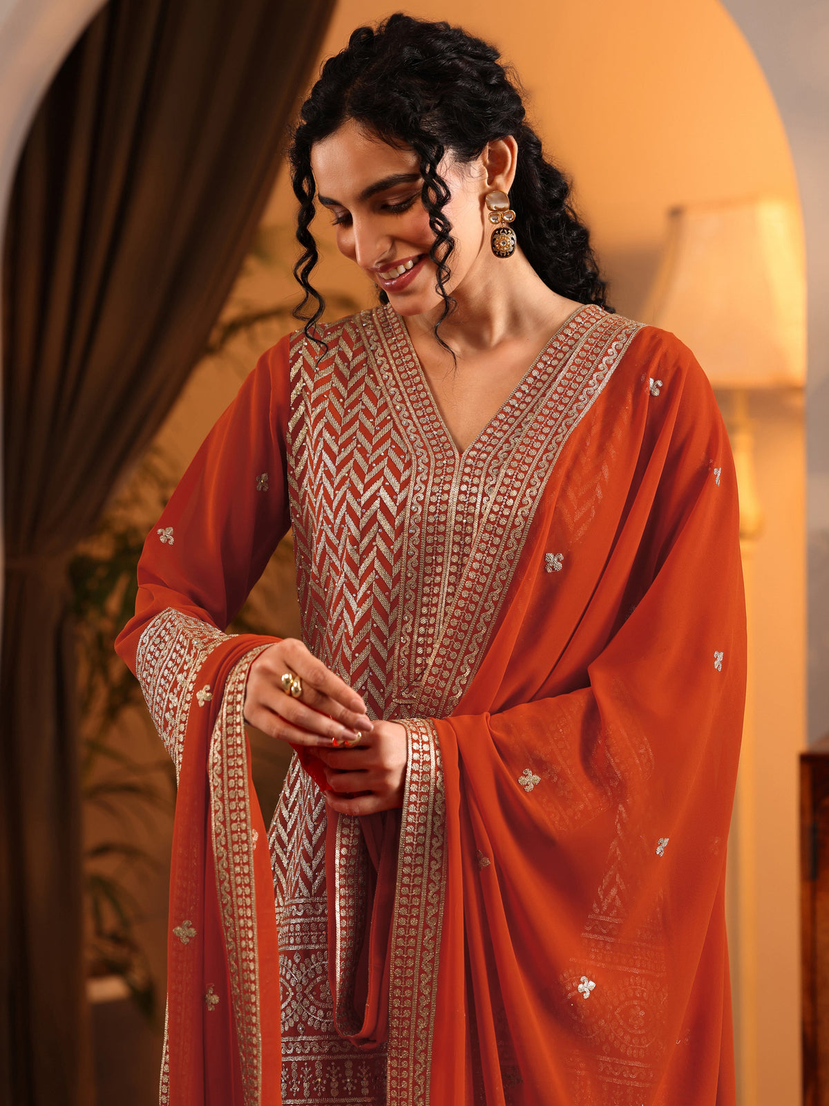 Libas Orange Embroidered Georgette Straight Suit Set With Dupatta