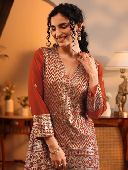 Libas Orange Embroidered Georgette Straight Suit Set With Dupatta