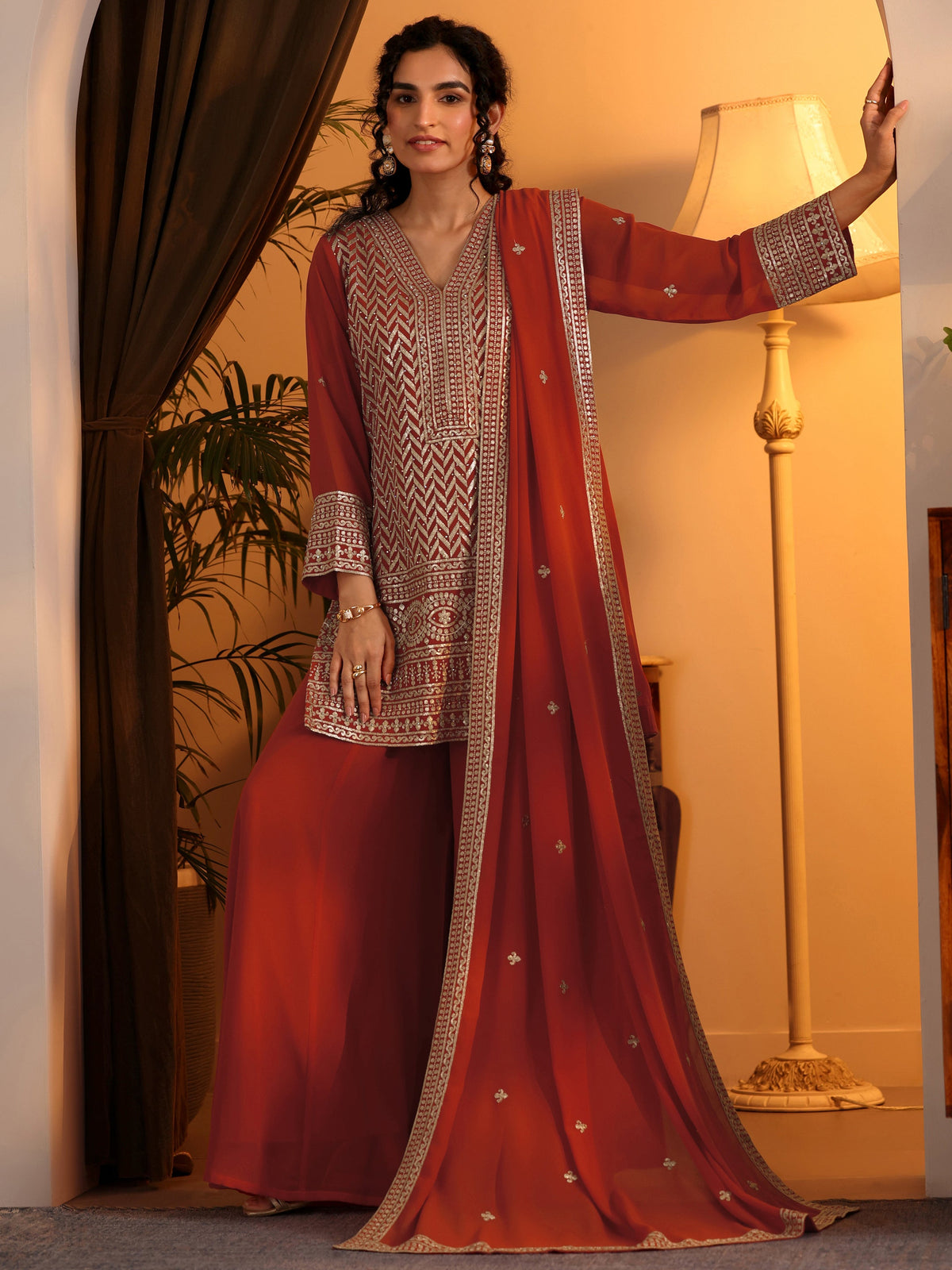 Libas Orange Embroidered Georgette Straight Suit Set With Dupatta