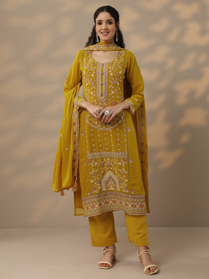 Libas Mustard Embroidered Georgette Straight Suit Set With Dupatta