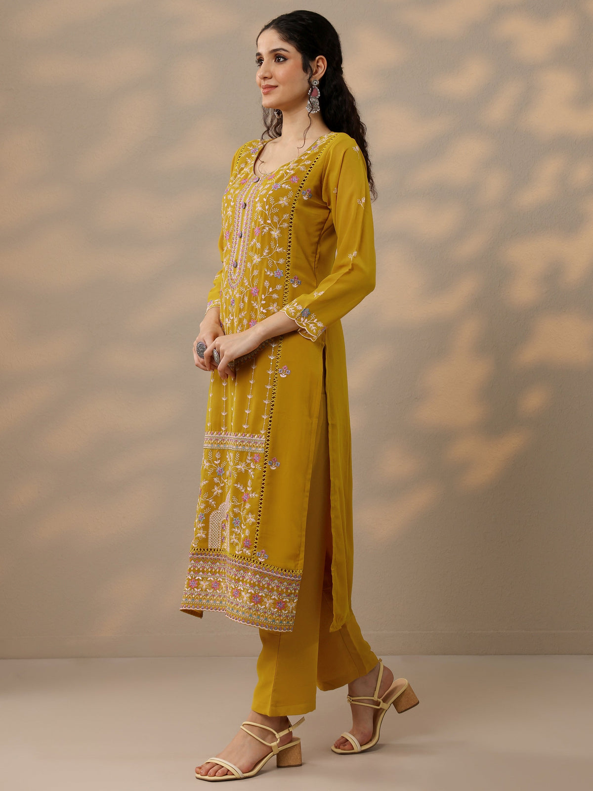 Libas Mustard Embroidered Georgette Straight Suit Set With Dupatta