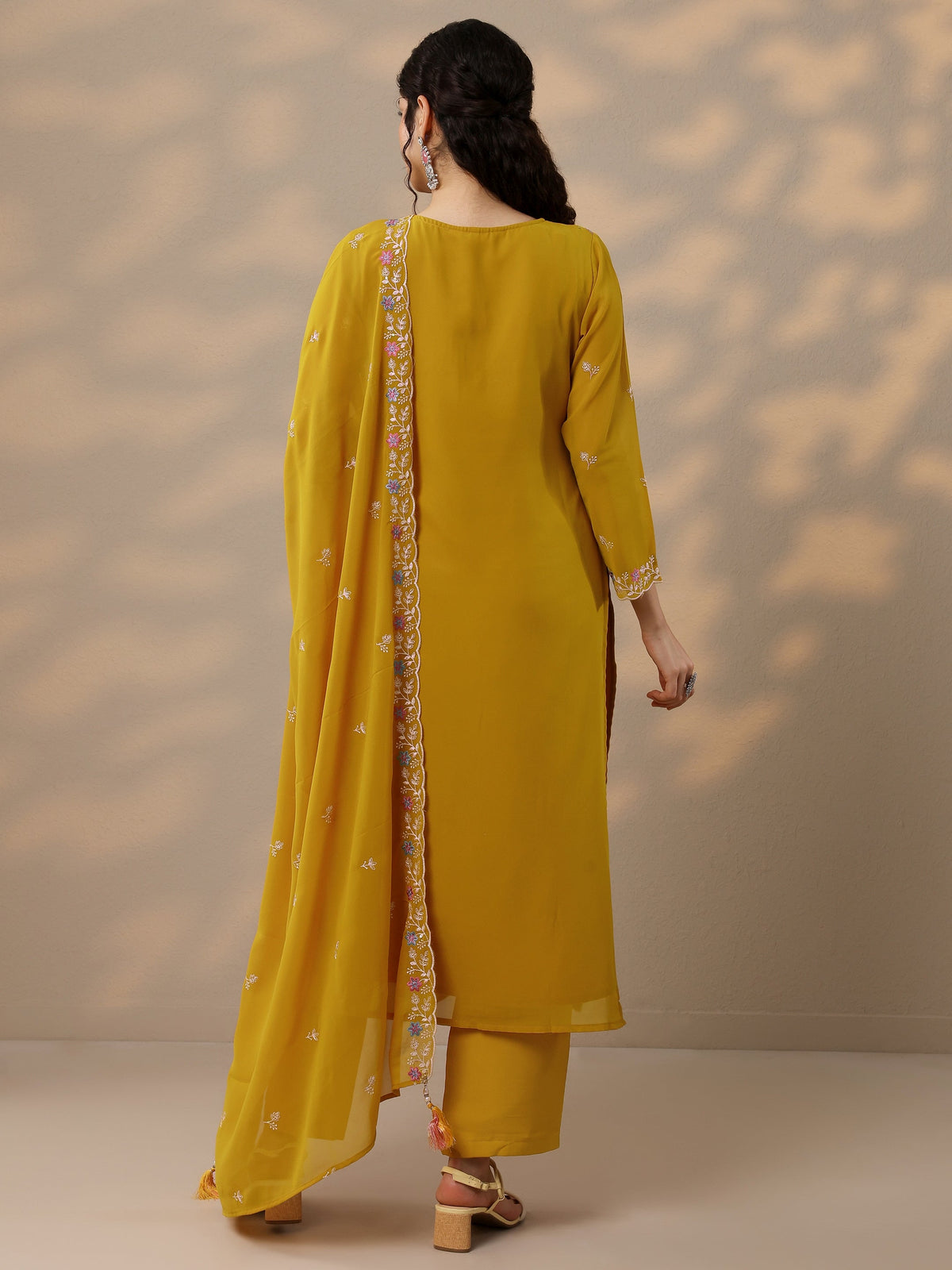 Libas Mustard Embroidered Georgette Straight Suit Set With Dupatta