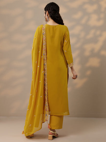 Libas Mustard Embroidered Georgette Straight Suit Set With Dupatta