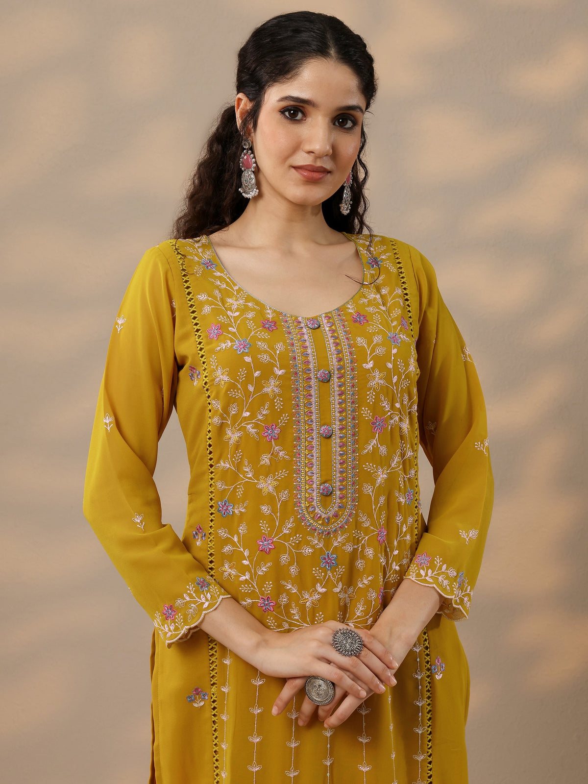 Libas Mustard Embroidered Georgette Straight Suit Set With Dupatta