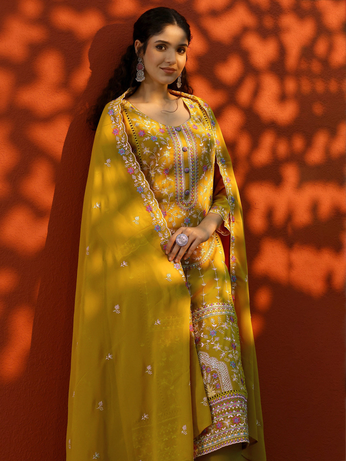 Libas Mustard Embroidered Georgette Straight Suit Set With Dupatta