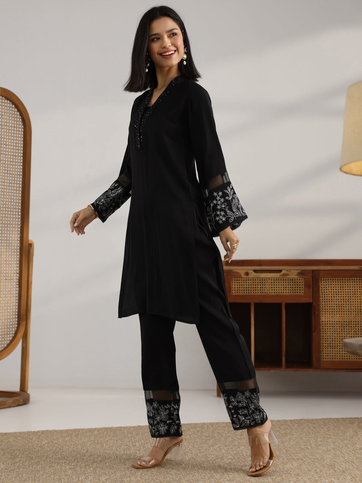 Libas Black Embroidered Silk blend Co-Ord Sets