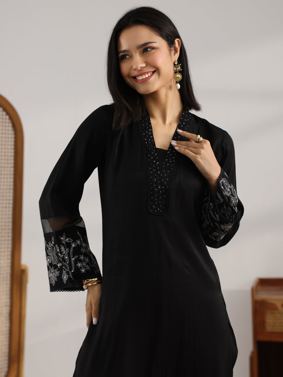 Libas Black Embroidered Silk blend Co-Ord Sets