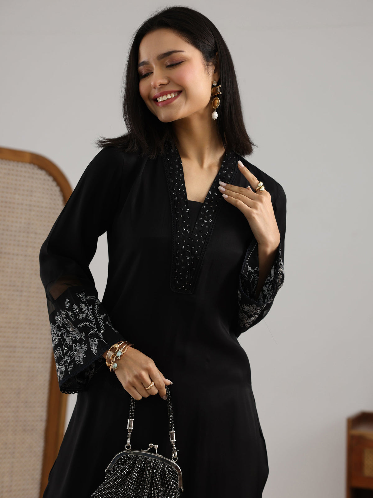 Libas Black Embroidered Silk blend Co-Ord Sets
