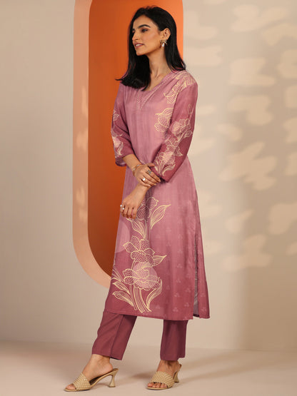 Libas Pink Printed Silk Blend Straight Suit Set With Dupatta