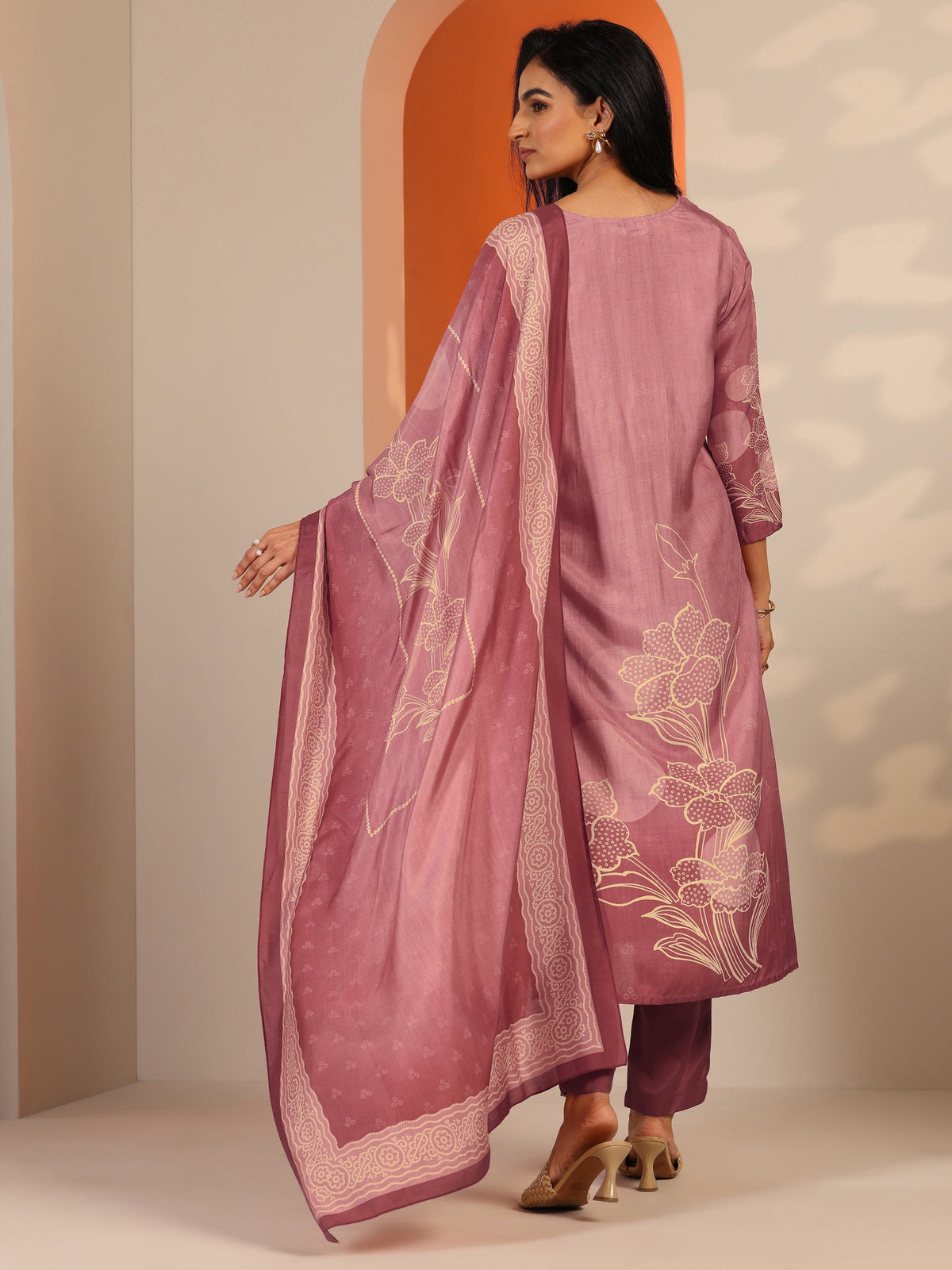 Libas Pink Printed Silk Blend Straight Suit Set With Dupatta