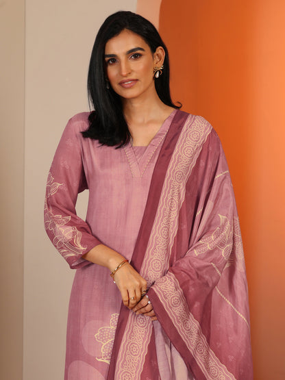 Libas Pink Printed Silk Blend Straight Suit Set With Dupatta