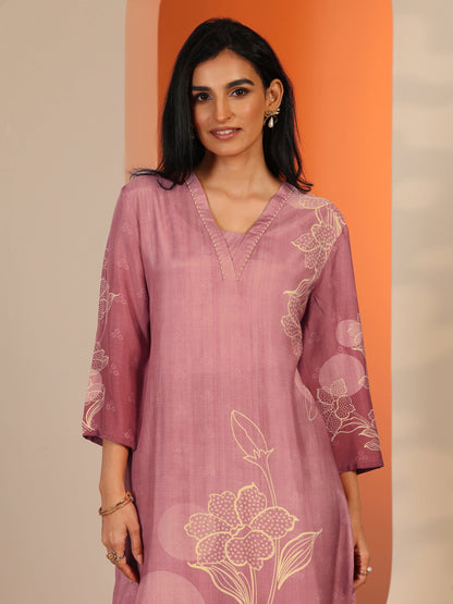 Libas Pink Printed Silk Blend Straight Suit Set With Dupatta