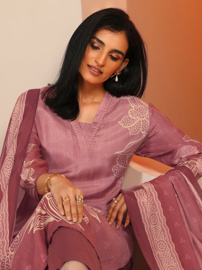 Libas Pink Printed Silk Blend Straight Suit Set With Dupatta