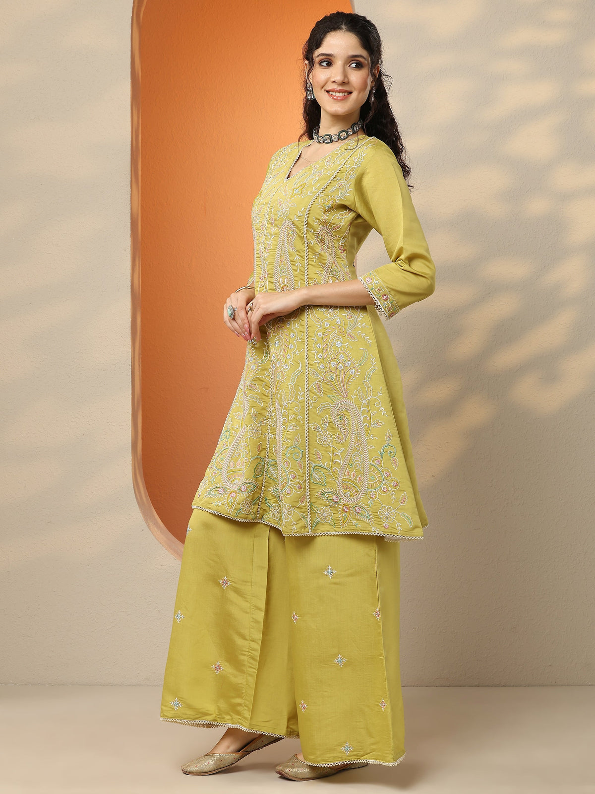 Libas Lime Green Embroidered Silk Blend Co-Ord Sets
