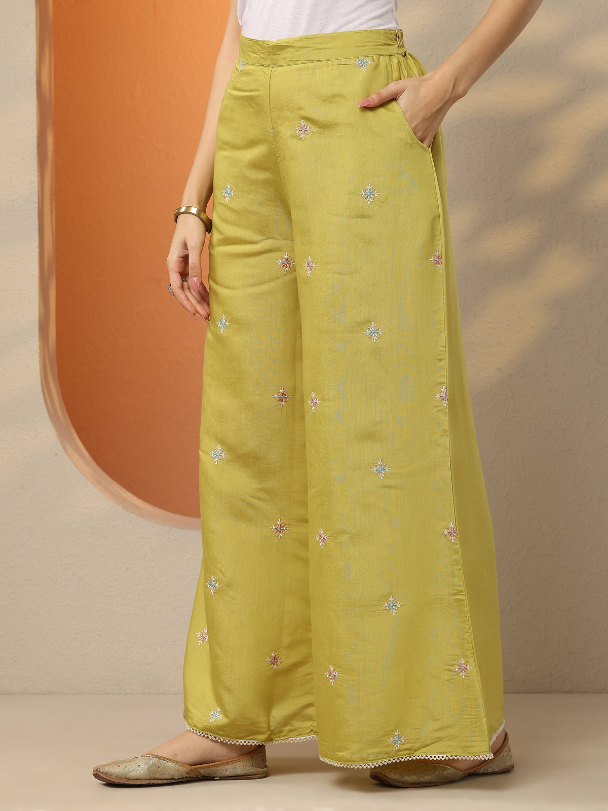 Libas Lime Green Embroidered Silk Blend Co-Ord Sets