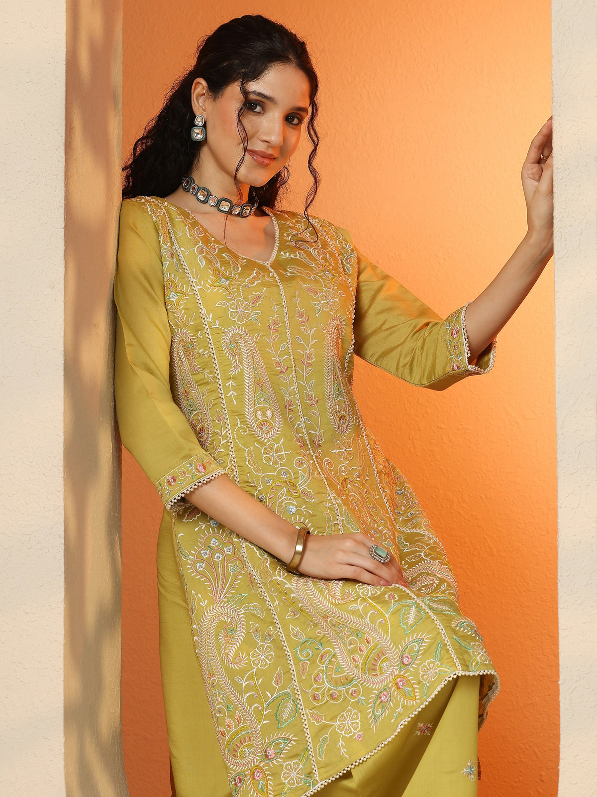Libas Lime Green Embroidered Silk Blend Co-Ord Sets