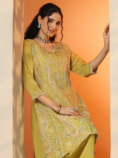 Libas Lime Green Embroidered Silk Blend Co-Ord Sets