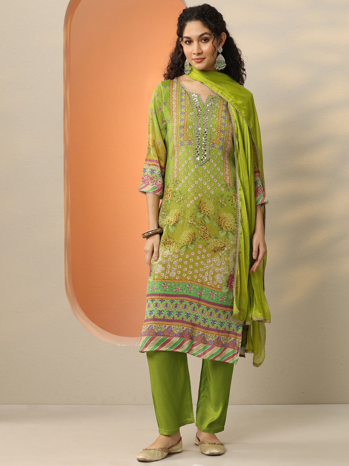 Libas Green Printed Chinon  Straight Suit Set With Dupatta