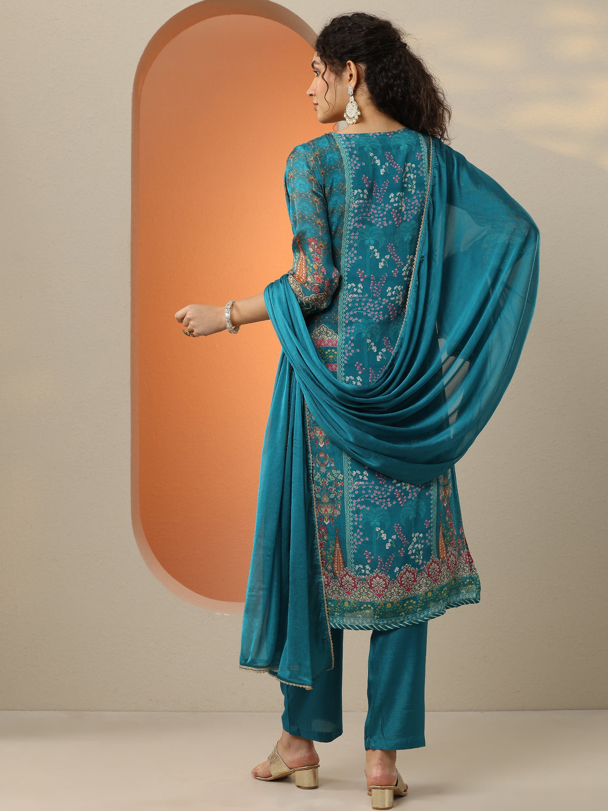 Libas Blue Printed Chinon  Straight Suit Set With Dupatta