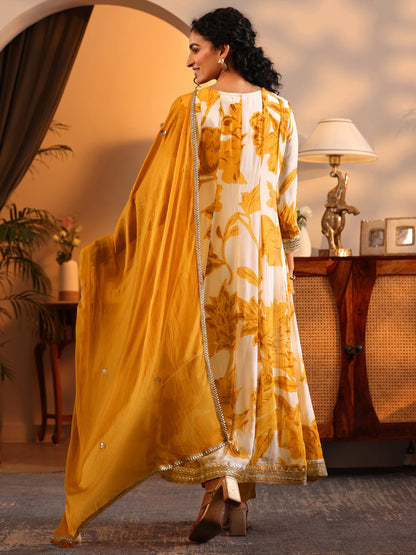 Libas Off White Printed Georgette Anarkali Suit Set With Dupatta