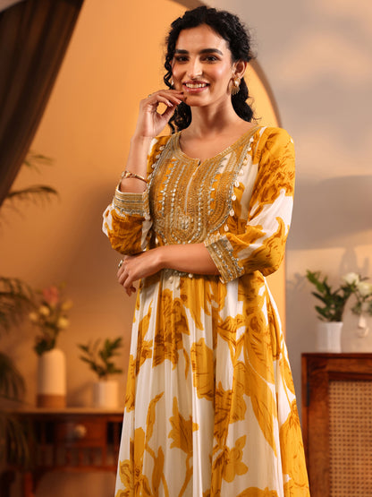 Libas Off White Printed Georgette Anarkali Suit Set With Dupatta