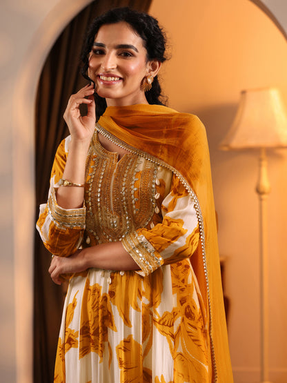 Libas Off White Printed Georgette Anarkali Suit Set With Dupatta