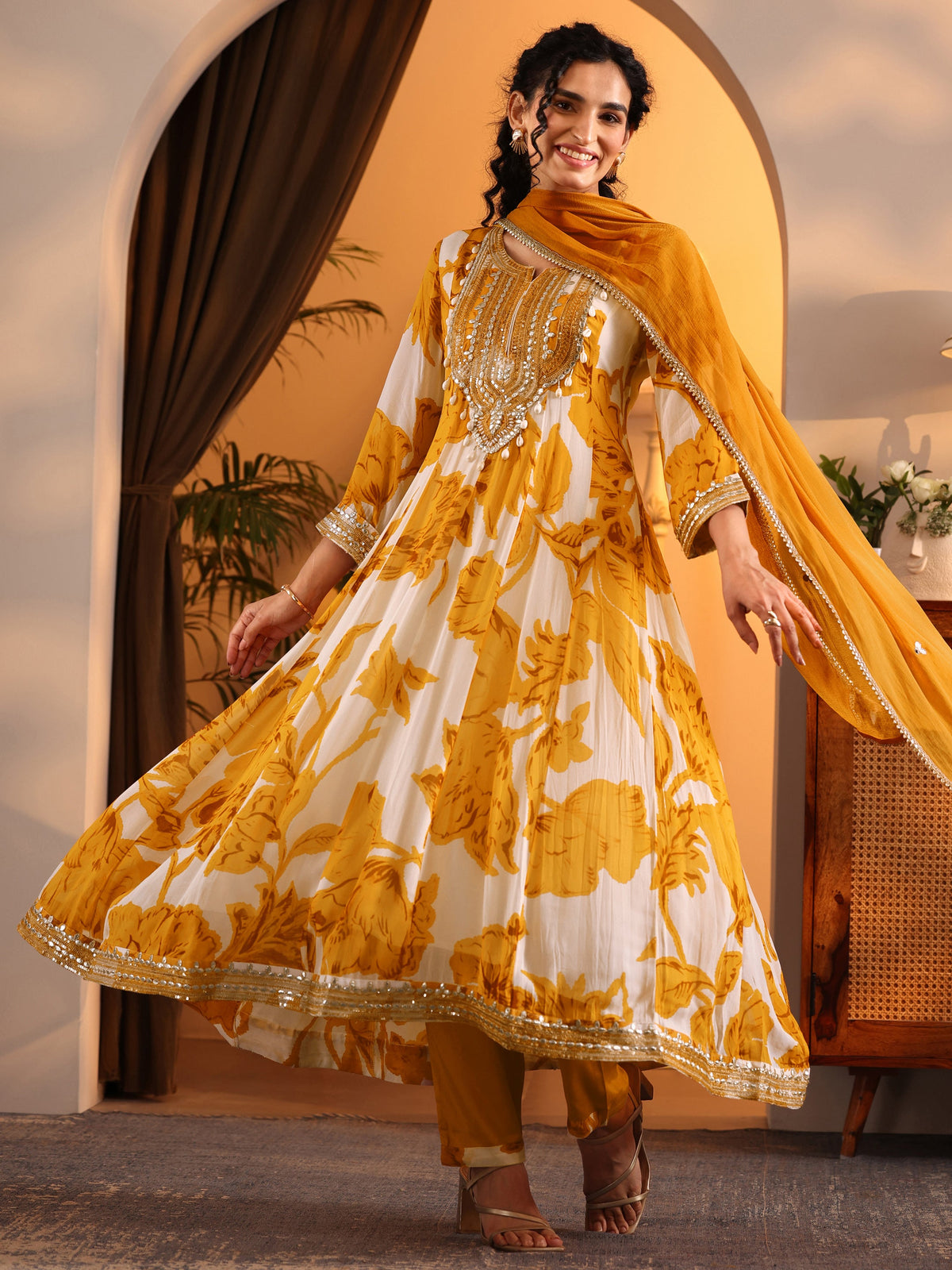 Libas Off White Printed Georgette Anarkali Suit Set With Dupatta