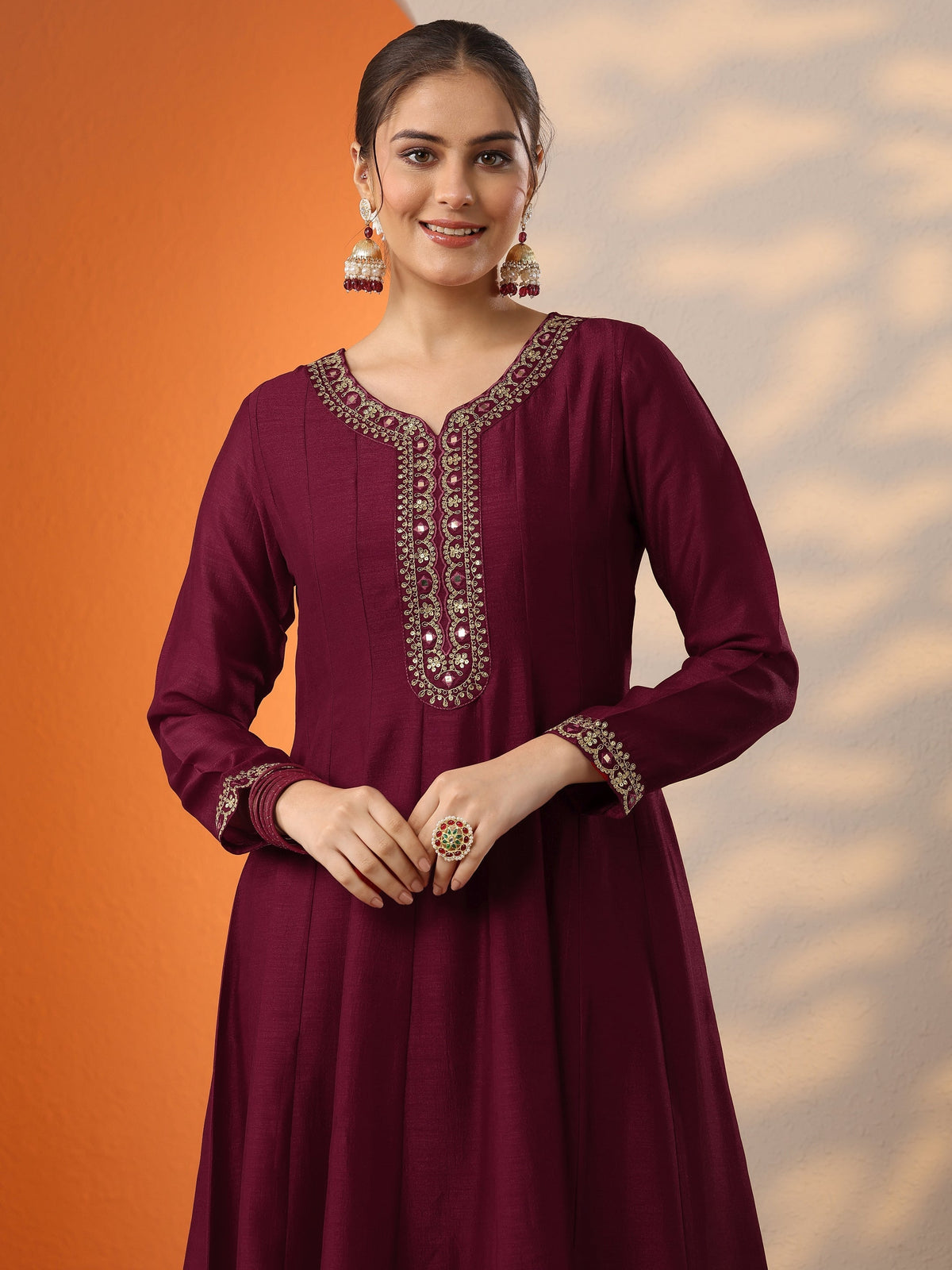 Libas DivyaniÂ Maroon Embroidered Silk Blend Anarkali Suit Set With Dupatta