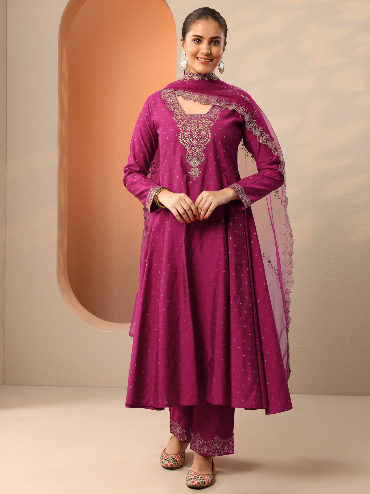 Libas Magenta Embroidered Silk Blend Anarkali Suit Set With Dupatta