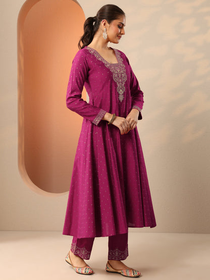 Libas Magenta Embroidered Silk Blend Anarkali Suit Set With Dupatta