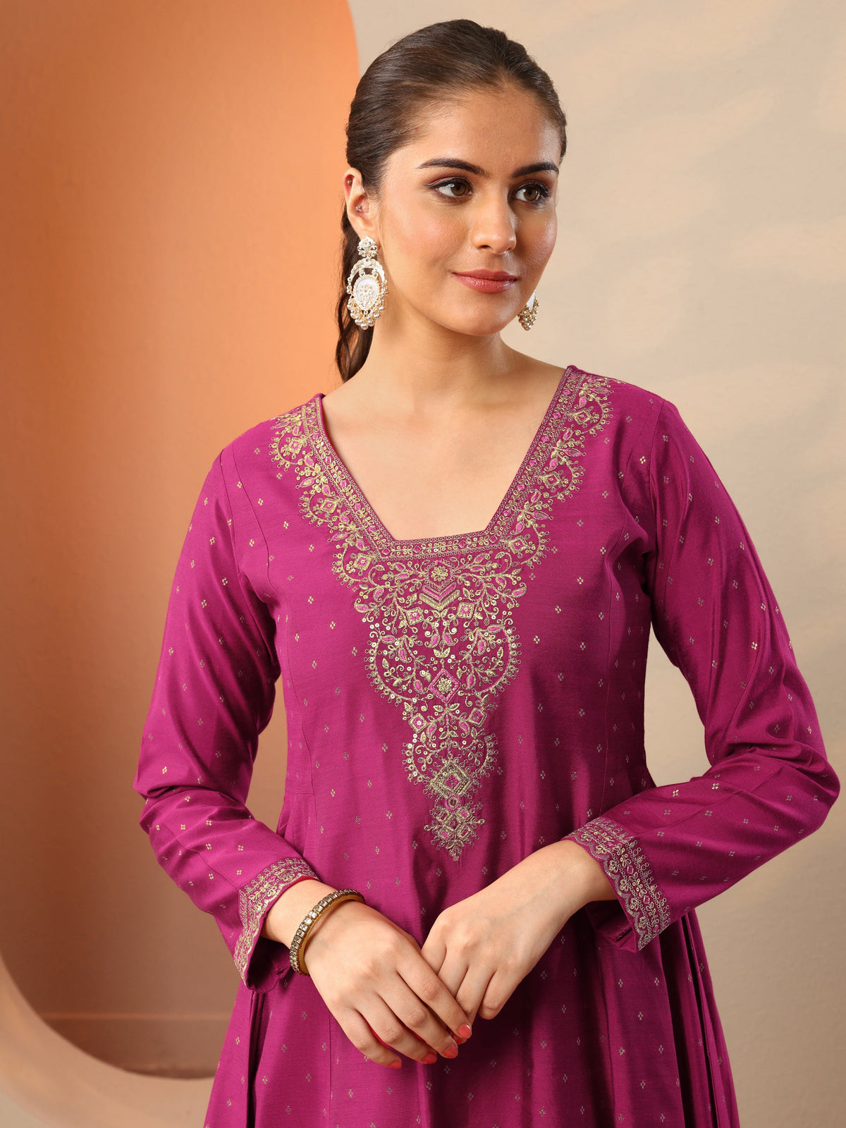 Libas Magenta Embroidered Silk Blend Anarkali Suit Set With Dupatta