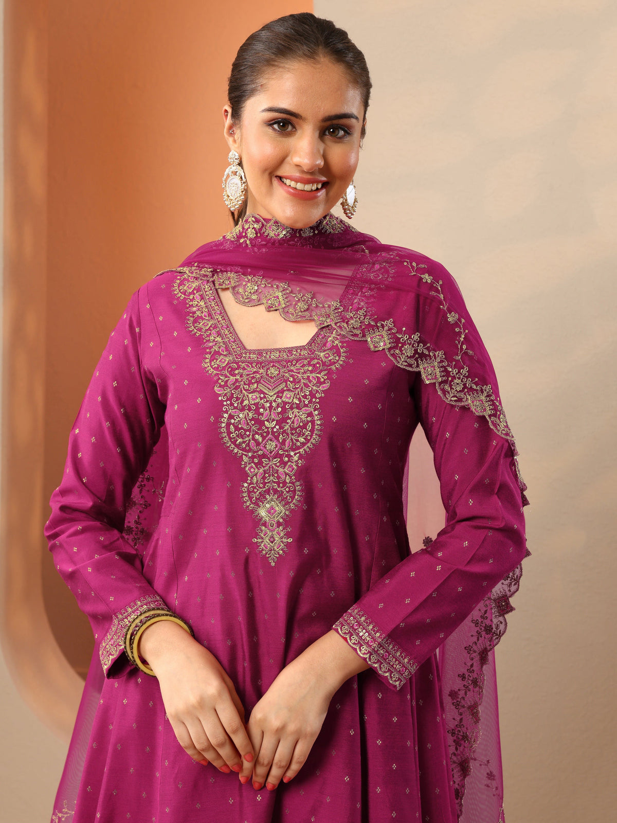 Libas Magenta Embroidered Silk Blend Anarkali Suit Set With Dupatta