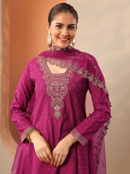 Libas Magenta Embroidered Silk Blend Anarkali Suit Set With Dupatta