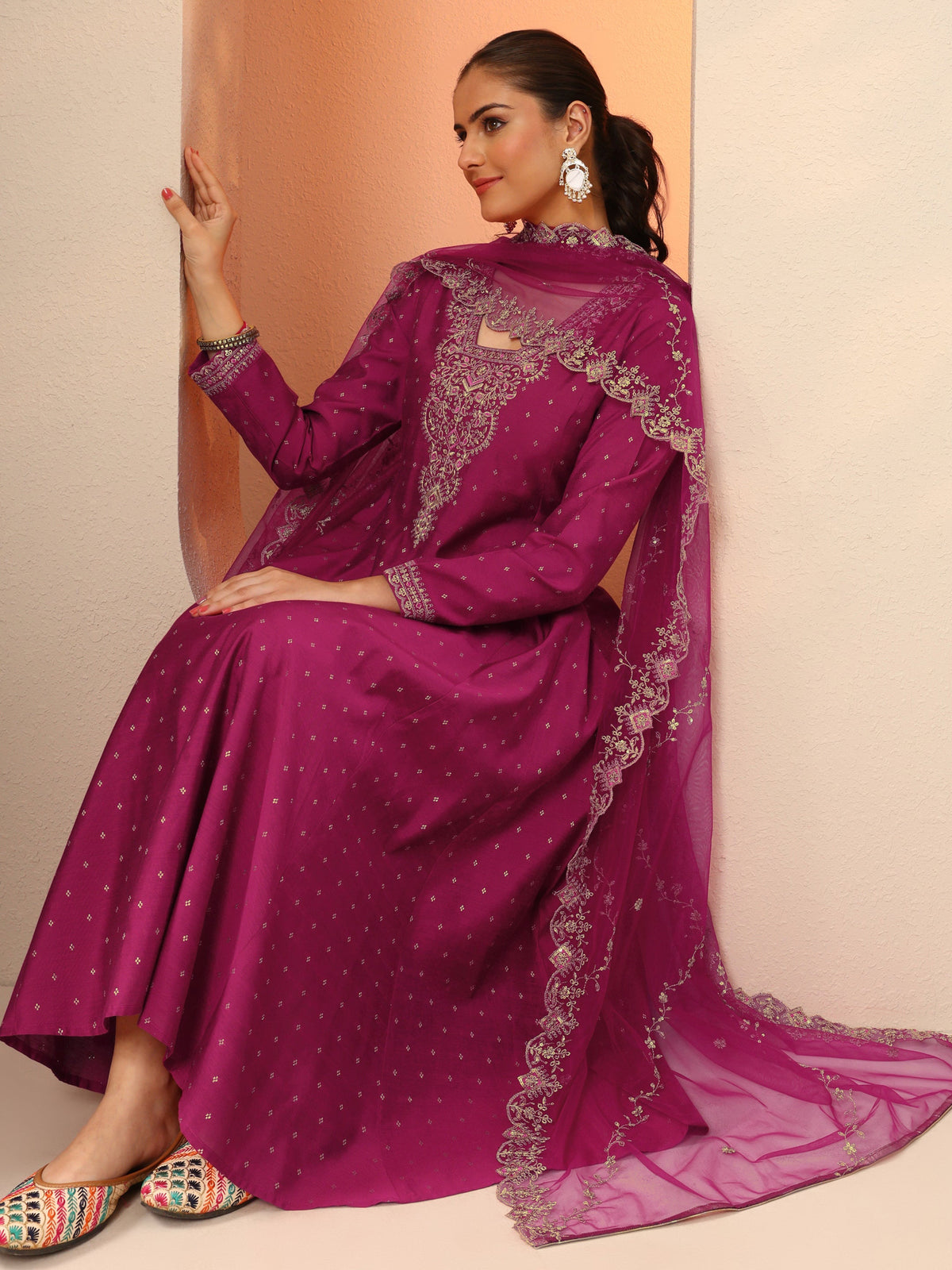 Libas Magenta Embroidered Silk Blend Anarkali Suit Set With Dupatta