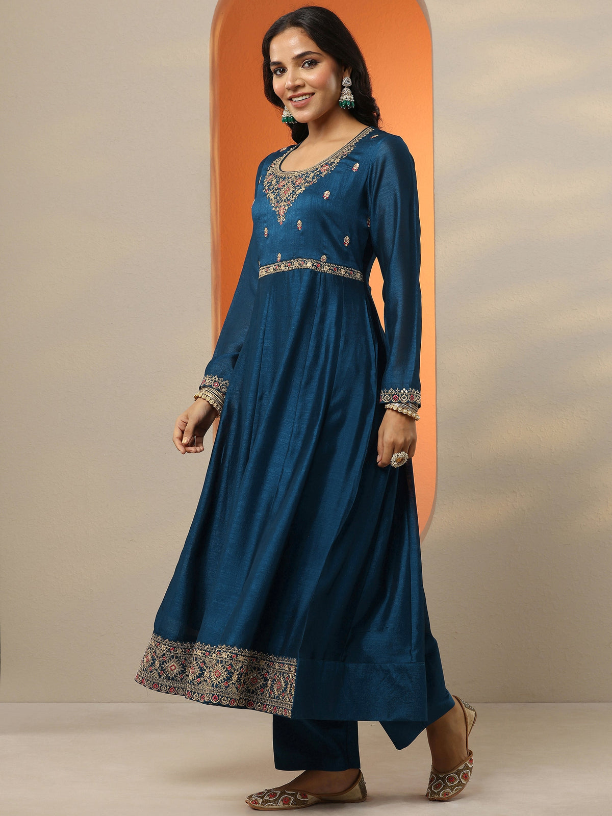 Libas Navy Blue Yoke Design Silk Blend Anarkali Suit Set With Dupatta