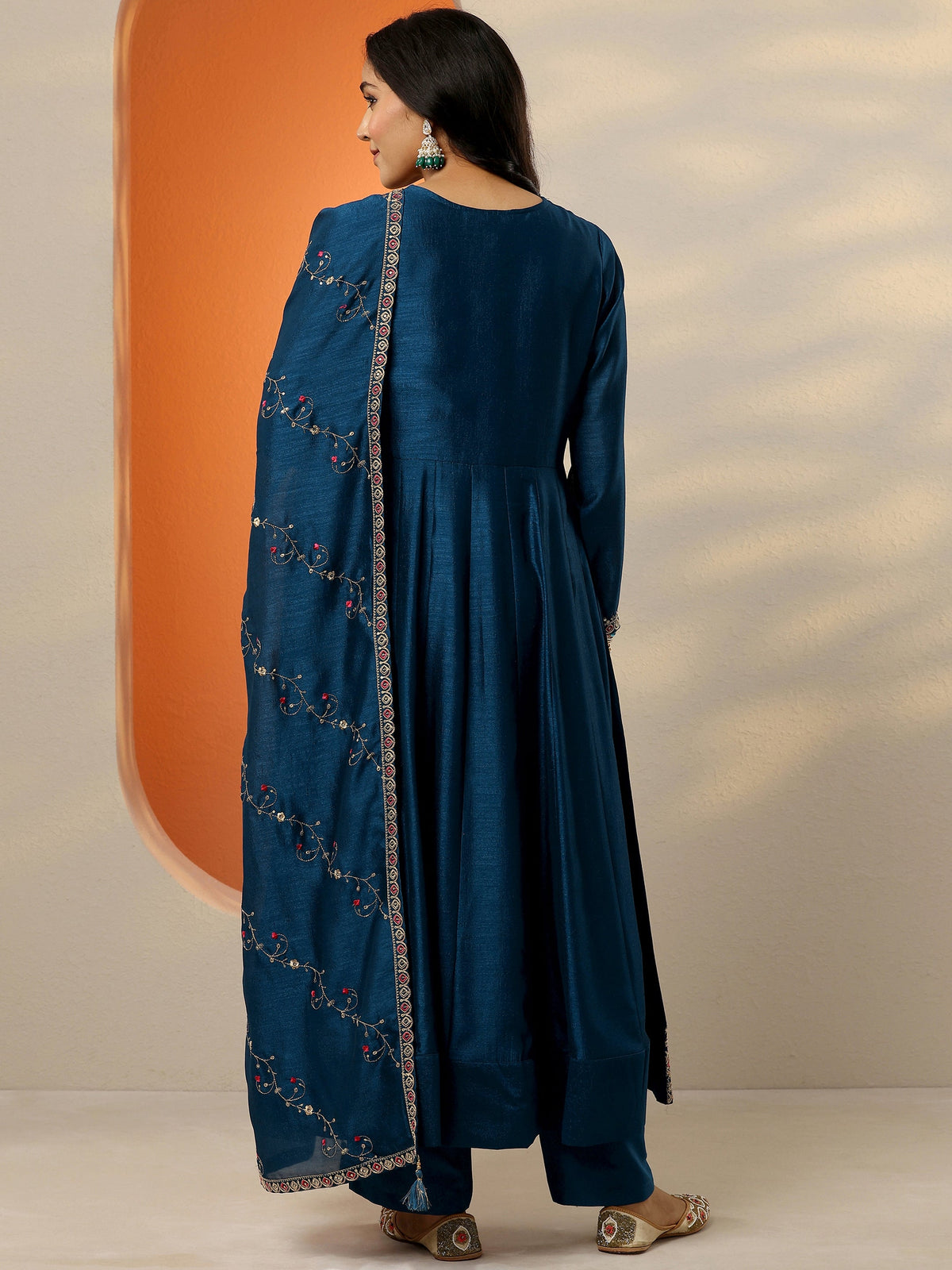 Libas Navy Blue Yoke Design Silk Blend Anarkali Suit Set With Dupatta