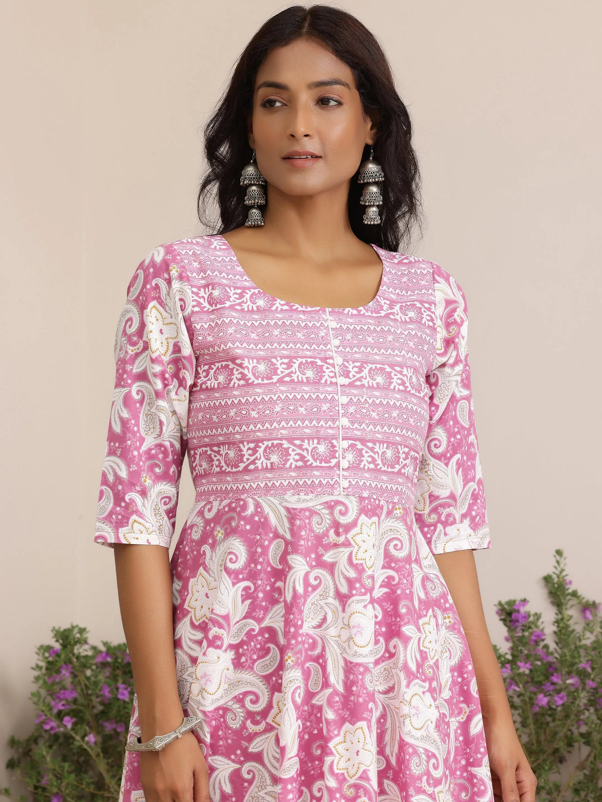 Libas Pink Printed Cotton Anarkali Suit With Dupatta