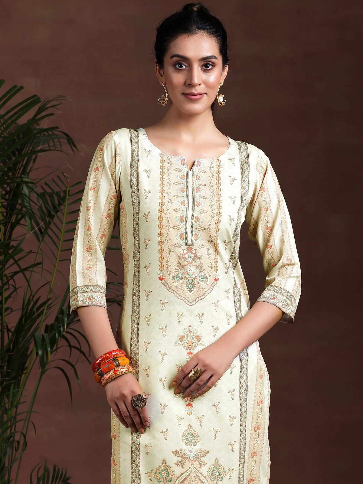 Libas Beige Printed Poly Crepe Straight Suit With Dupatta