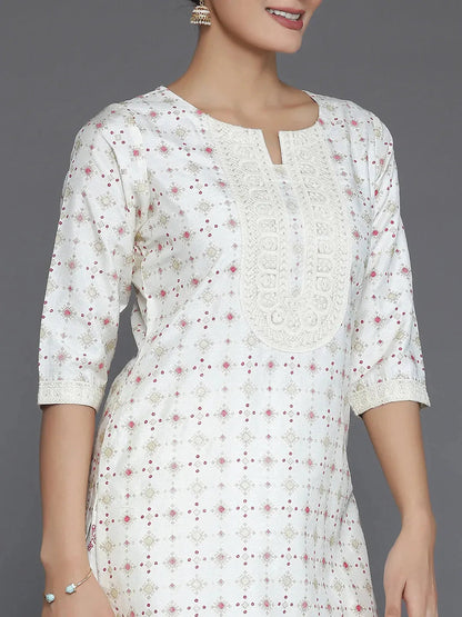 Gerua Off White Printed Silk Blend Straight Suit With Dupatta