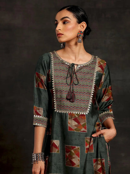 Gerua Green Printed Silk Blend Straight Suit With Dupatta