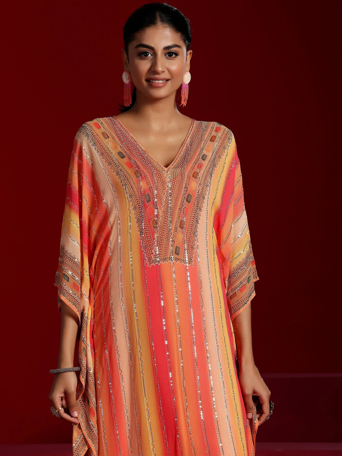 Libas Art Orange Printed Poly Georgette 3 Piece Co-Ords
