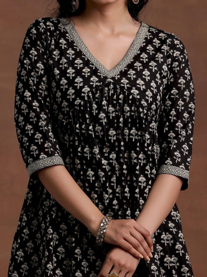 Libas Black Printed Cotton A-Line Kurta With Palazzos