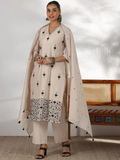 Libas Beige Embroidered Chanderi Silk Straight Suit With Dupatta