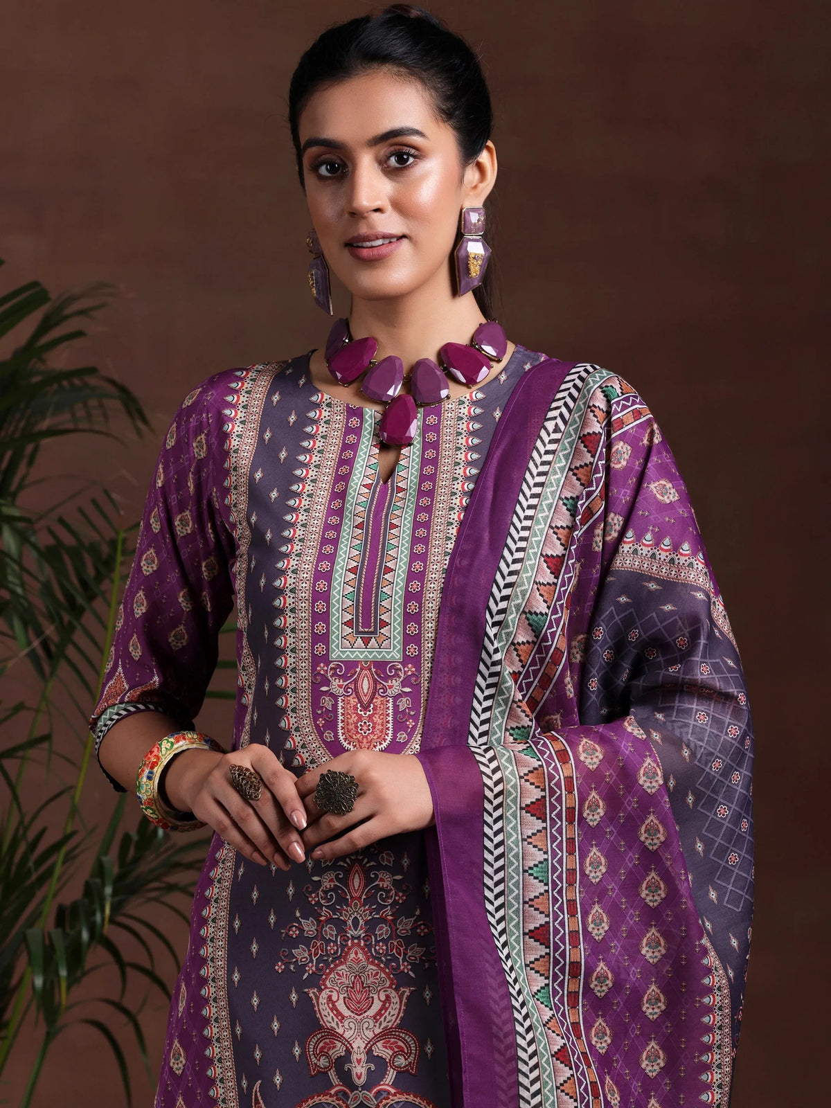 Libas Purple Printed Poly Crepe Straight Suit With Dupatta